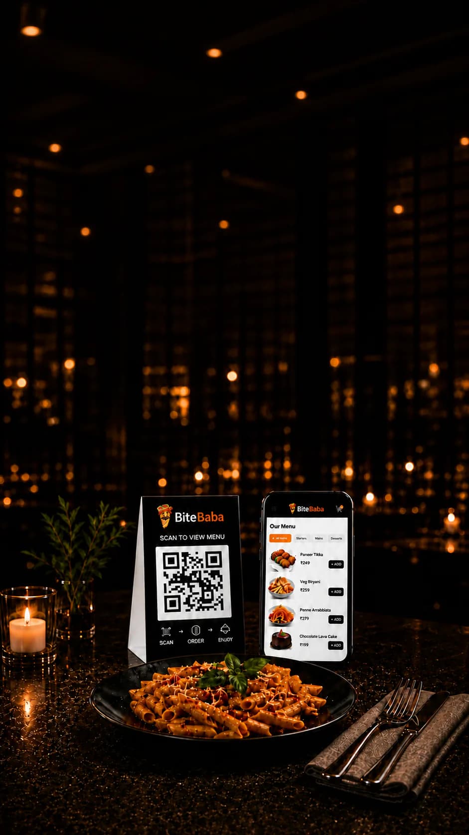 Bite Baba restaurant QR stand, phone menu, and plated pasta on a dark dining table