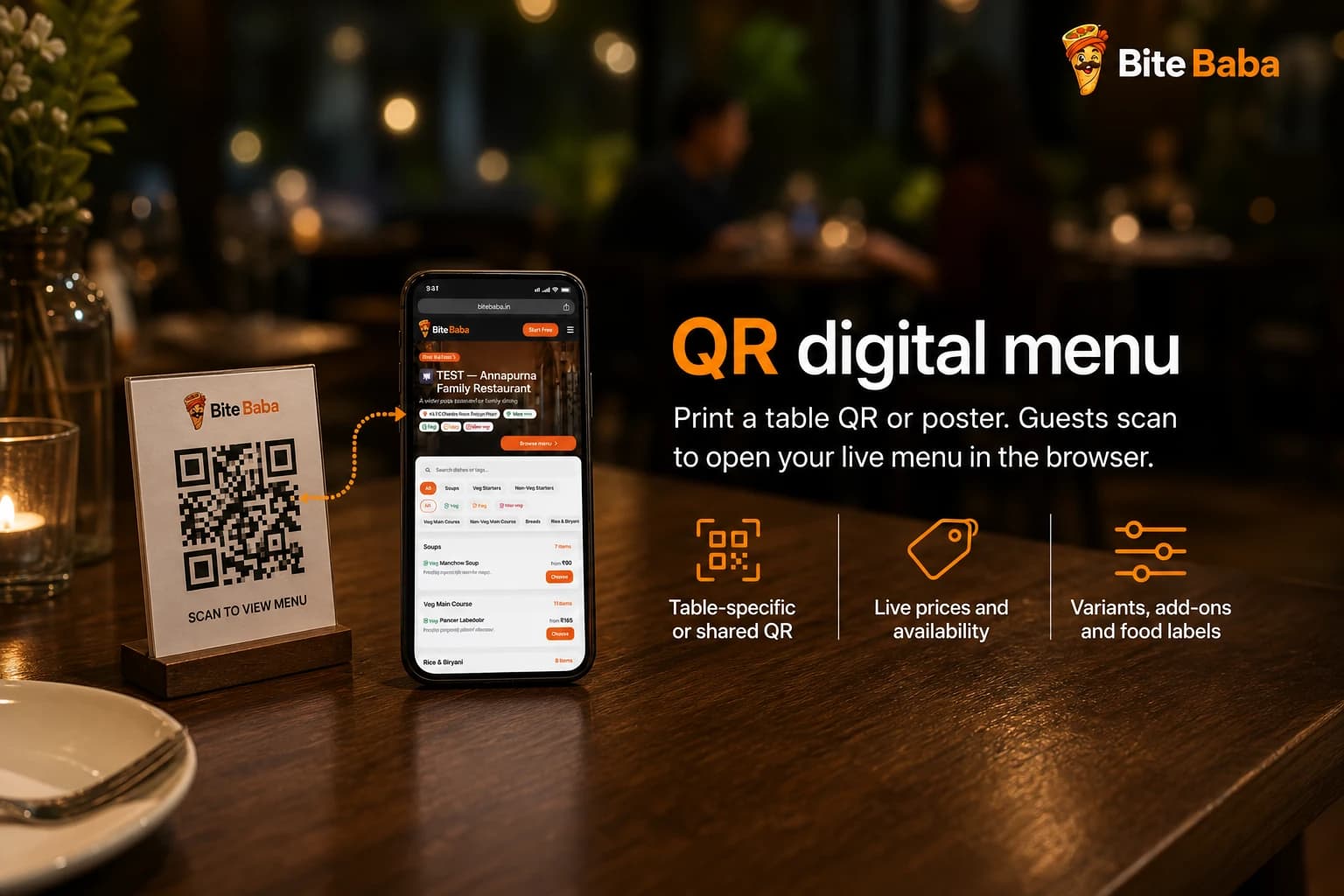 Bite Baba restaurant QR menu on a phone beside a table QR card