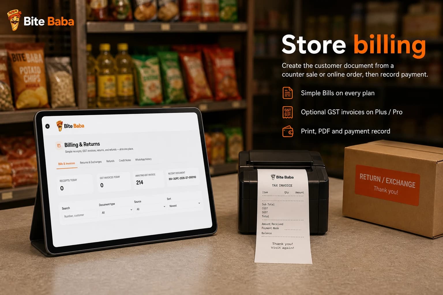 Bite Baba Store Billing and Returns dashboard with document filters and receipt context