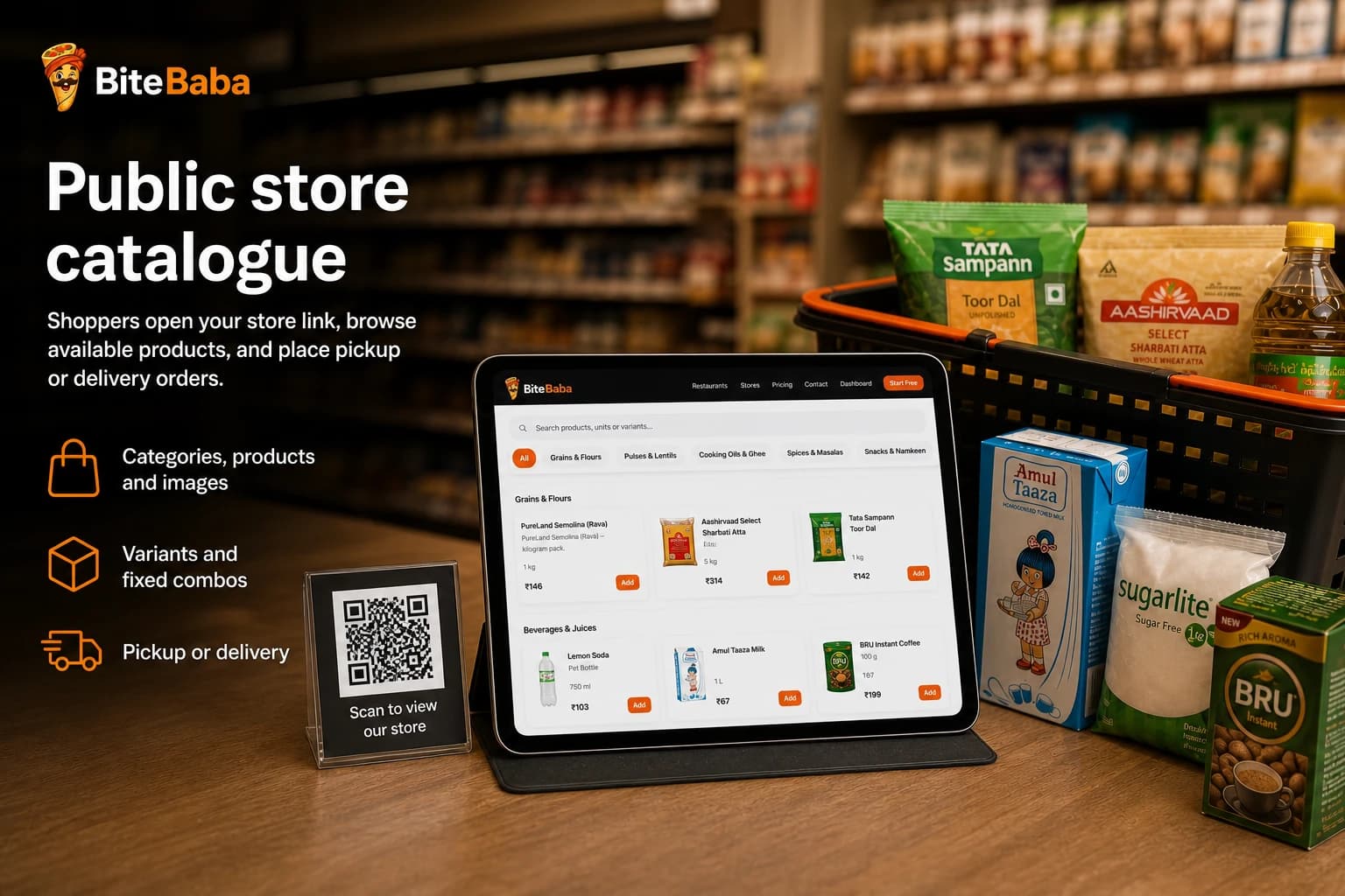 Bite Baba public food-store catalogue on a tablet showing categories, products, prices and availability